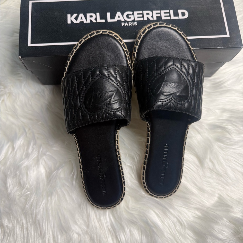 Karl Lagerfeld Black Quilted Leather Slide Sandals with Stitch-Trim Sole